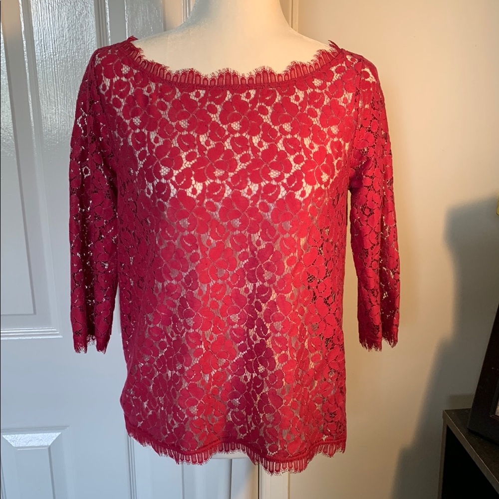 Pink Lace Fitted Blouse with 3/4 Sleeves